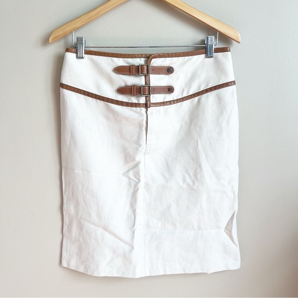 Ralph Lauren Leather Trim Double Buckle Linen Blend Skirt - Picture 1 of 4